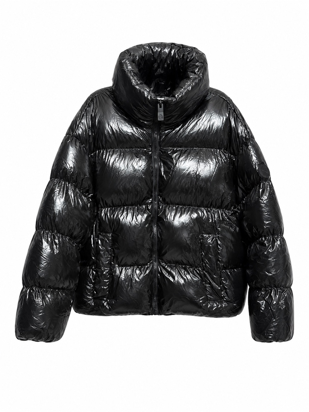 Noize Glossy Black Vegan Puffer Jacket Recycled Fill Full Zip Size Large